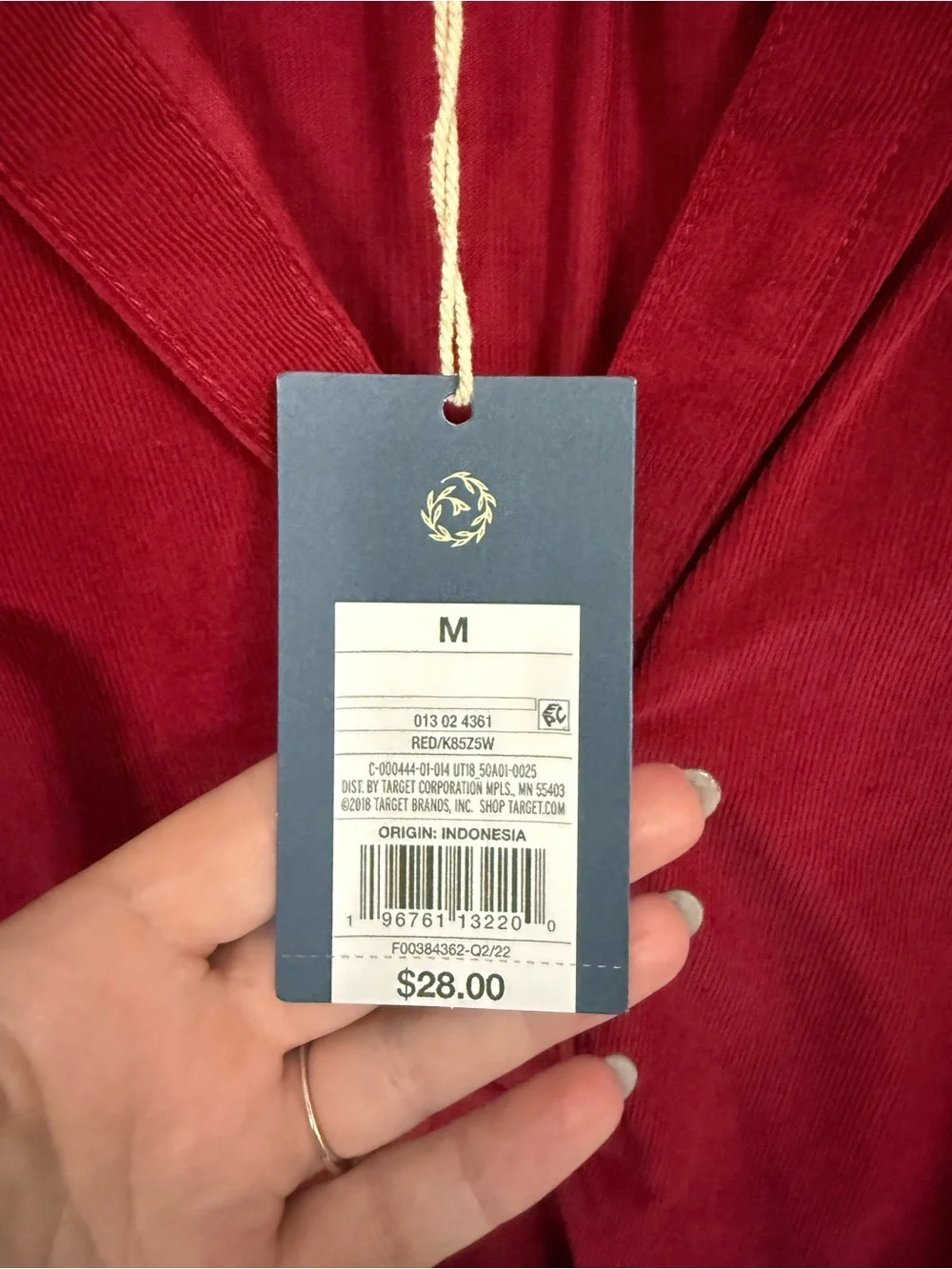 NWT Universal Thread Red Corduroy Popover Blouse Size Medium 100% Cotton